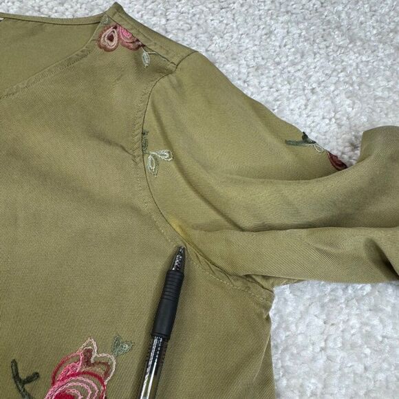 John Mark Olive Green Floral Embroidered Blouse Ruffle Bell Sleeve - Picture 6 of 9